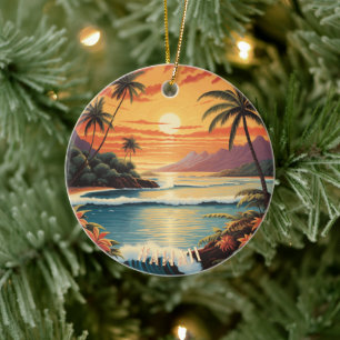 Vintage-Hawaii-Sonnenuntergangs-Gemälde Strand Han Keramik Ornament