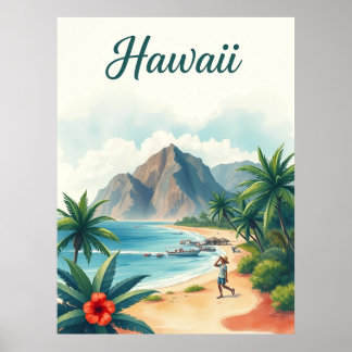Vintage Hawaii Travel Illustration Poster
