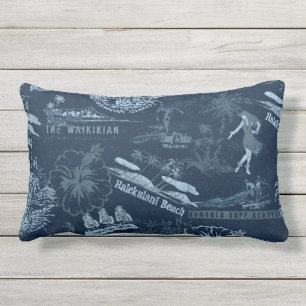Vintage-Hawaiian-Reisecollage in Indigo-Blau Kissen Für Draußen
