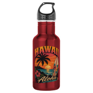 Vintage-Hawaiian-Sonnenuntergang-Palmen-Surfboard- Edelstahlflasche