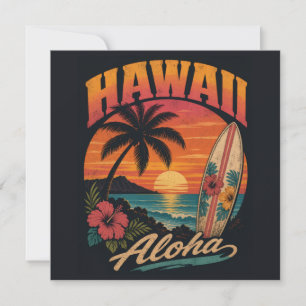 Vintage-Hawaiian-Sonnenuntergang-Palmen-Surfboard- Feiertagskarte