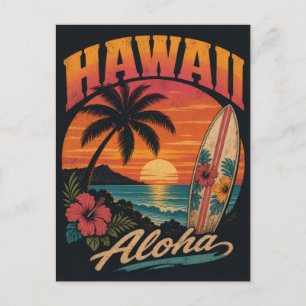 Vintage-Hawaiian-Sonnenuntergang-Palmen-Surfboard- Feiertagspostkarte