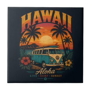 Vintage-Hawaiian-Sonnenuntergang-Palmen-Surfboard- Fliese