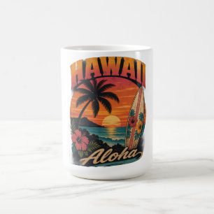 Vintage-Hawaiian-Sonnenuntergang-Palmen-Surfboard- Kaffeetasse