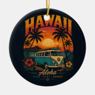 Vintage-Hawaiian-Sonnenuntergang-Palmen-Surfboard- Keramik Ornament