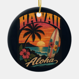 Vintage-Hawaiian-Sonnenuntergang-Palmen-Surfboard- Keramik Ornament
