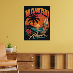 Vintage-Hawaiian-Sonnenuntergang-Palmen-Surfboard- Poster