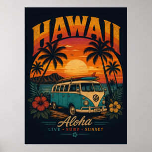 Vintage-Hawaiian-Sonnenuntergang-Palmen-Surfboard- Poster
