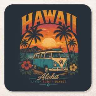 Vintage-Hawaiian-Sonnenuntergang-Palmen-Surfboard- Rechteckiger Pappuntersetzer