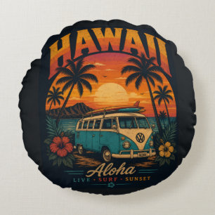 Vintage-Hawaiian-Sonnenuntergang-Palmen-Surfboard- Rundes Kissen