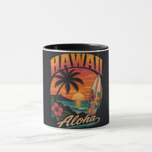 Vintage-Hawaiian-Sonnenuntergang-Palmen-Surfboard- Tasse