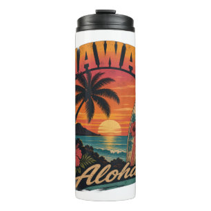 Vintage-Hawaiian-Sonnenuntergang-Palmen-Surfboard- Thermosbecher