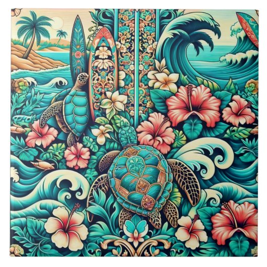 Vintage Hawaiianische Folklorekunst Tile 1 Fliese (Vorderseite)