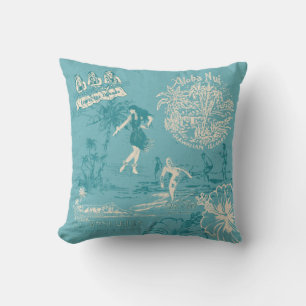 Vintage hawaiianische Reiserollage in Aquamarin-re Kissen