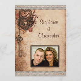 Vintage Hearts Lock and Key Foto Wedding Einladung