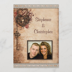 Vintage Hearts Lock and Key Foto Wedding Einladung