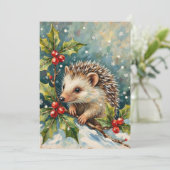 Vintage Hedgehog Among Holly Christmas Feiertagskarte (Stehend Vorderseite)