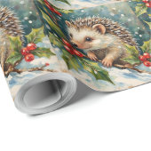 Vintage Hedgehog Among Holly Christmas Geschenkpapier (Rolleneckpunkt)