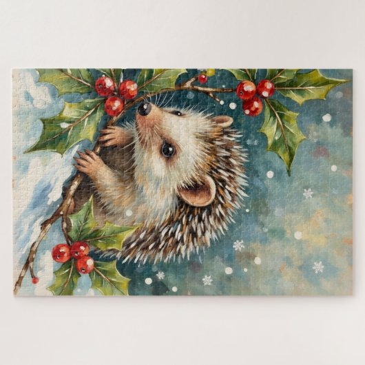 Vintage Hedgehog Among Holly Christmas Puzzle (Horizontal)