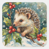 Vintage Hedgehog Among Holly Christmas Quadratischer Aufkleber (Vorderseite)