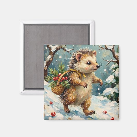 Vintage Hedgehog with Christmas Berry Basket Magnet (Vorderseite/Rückseite)
