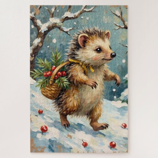 Vintage Hedgehog with Christmas Berry Basket Puzzle (Vertikal)