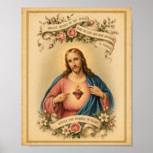 Vintage-Heiliges Herz Jesu mit Gebet von St. There Poster