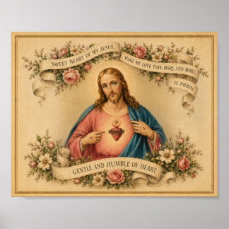 Vintage-Heiliges Herz Jesu mit Gebet von St. There Poster