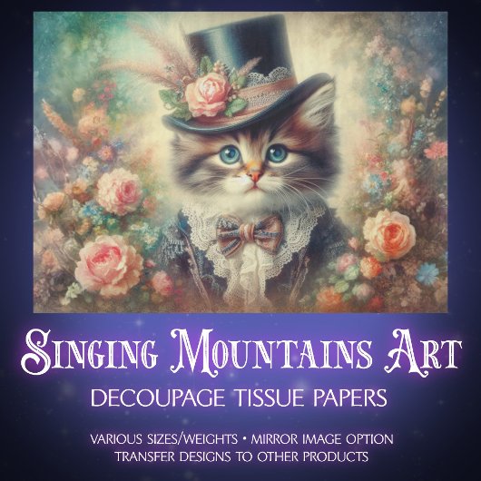 Vintage Heirloom Botanical Kitten Decoupage  Seidenpapier