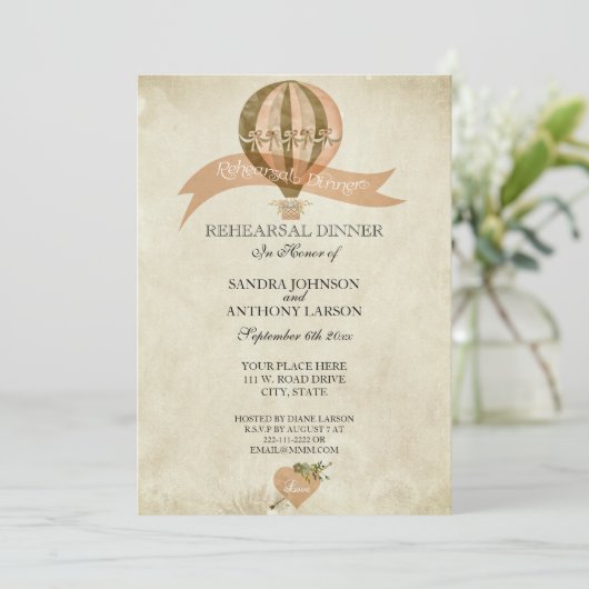 Vintage Heißluftballon Hochzeitsstimmung Probe Einladung (Stehend Vorderseite)