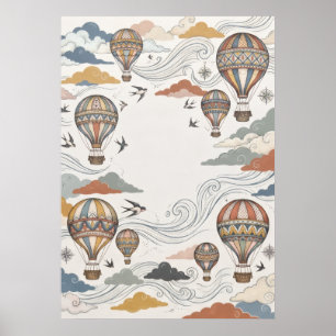Vintage-Heißluftballon-Wolken-Abenteuer-Kunst Poster