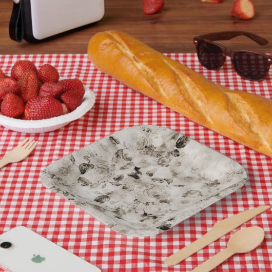 Vintage hellgraue Rose mit Blumen Pappteller (Picknick)