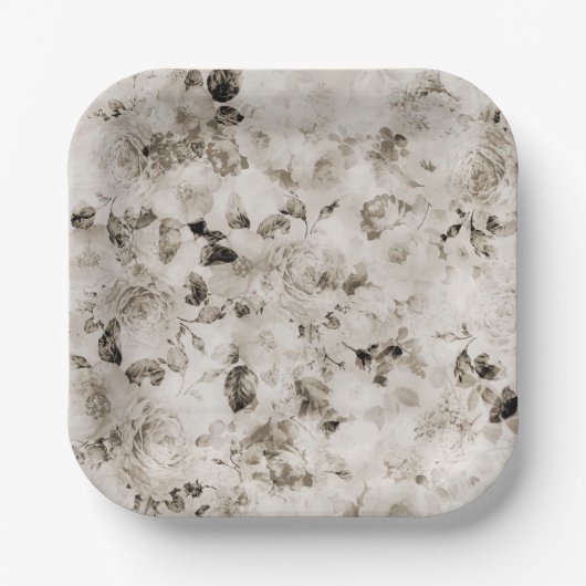 Vintage hellgraue Rose mit Blumen Pappteller (Vorderseite)