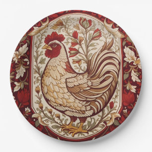 Vintage Henne Rot und Creme Blumenmuster Pappteller