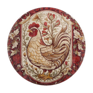 Vintage-Henne Rot und Creme Blumenmuster Schneidebrett