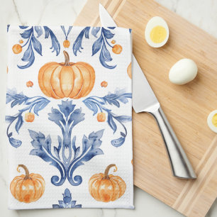 Vintage Herbst Blau Weiß Orange Kürbisse Geschirrtuch