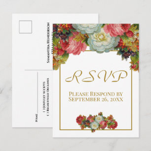 Vintage Herbst Blumen Gold Hochzeit RSVP Postkarte