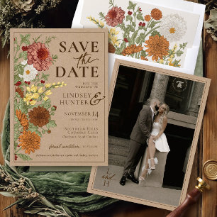 Vintage Herbst-Blumen-Rustikal-Kraft-Foto-Hochzeit Save The Date
