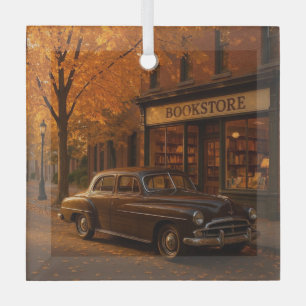 Vintage Herbst Buchladen & Auto Ornament Aus Glas