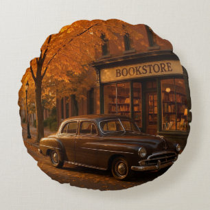 Vintage Herbst Buchladen & Auto Rundes Kissen