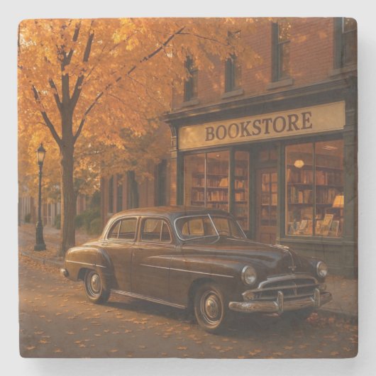 Vintage Herbst Buchladen & Auto Steinuntersetzer (Vorderseite)