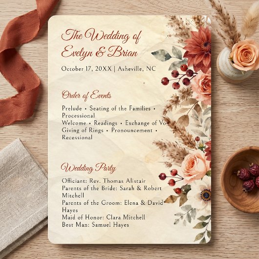 Vintage Herbst Burgunder Pfirsich Blumenhochzeit Programm