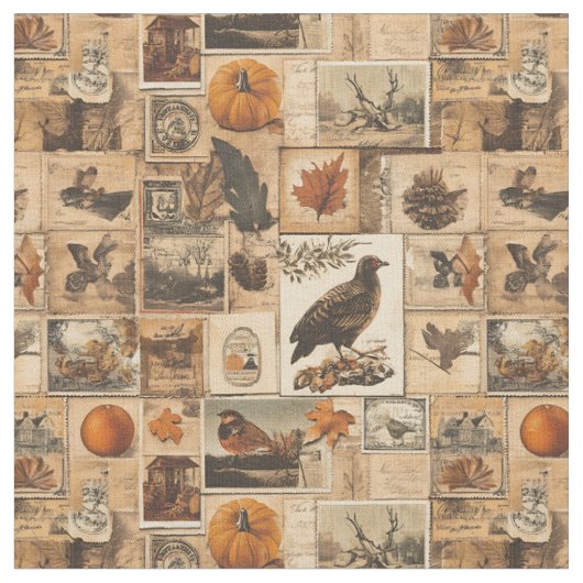 Vintage-Herbst-Collage-Muster | Rustikale Ephemera Stoff (Nahaufnahme)