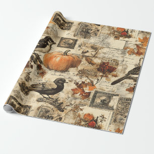 Vintage-Herbst-Ephemera-Collage Rustikale Vögel Geschenkpapier