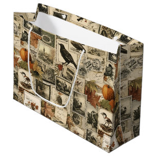 Vintage-Herbst-Ephemera-Collage   Rustikale Vögel  Große Geschenktüte
