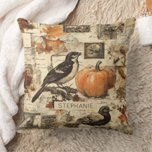 Vintage Herbst-Ephemera-Collage Rustikale Vögel Kissen