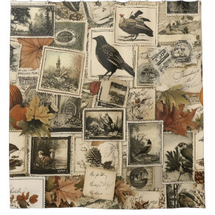 Vintage-Herbst-Ephemera-Kollage Rustikale Vögel Duschvorhang