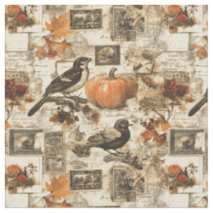 Vintage-Herbst-Ephemeren-Collage Rustikale Vögel Stoff