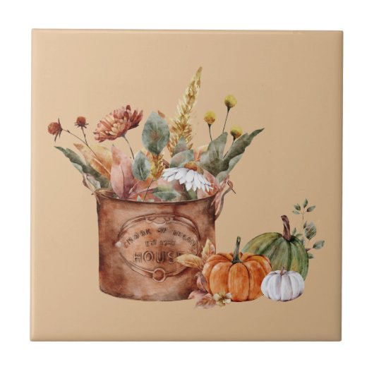 Vintage-Herbst-Florale Anordnung und Kürbisse Fliese (Vorderseite)
