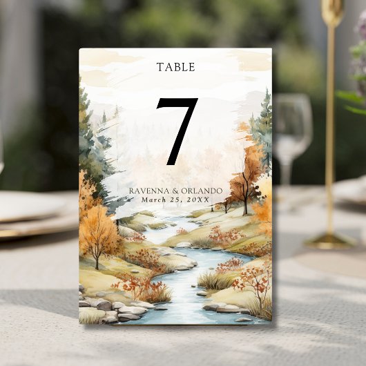 Vintage-Herbst-Fluss-Wald-Landschaft-Hochzeit Tischnummer